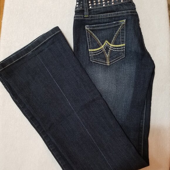 Seduction Studded Flare Bootcut Jeans Dark Wash Size 3 - Picture 1 of 7